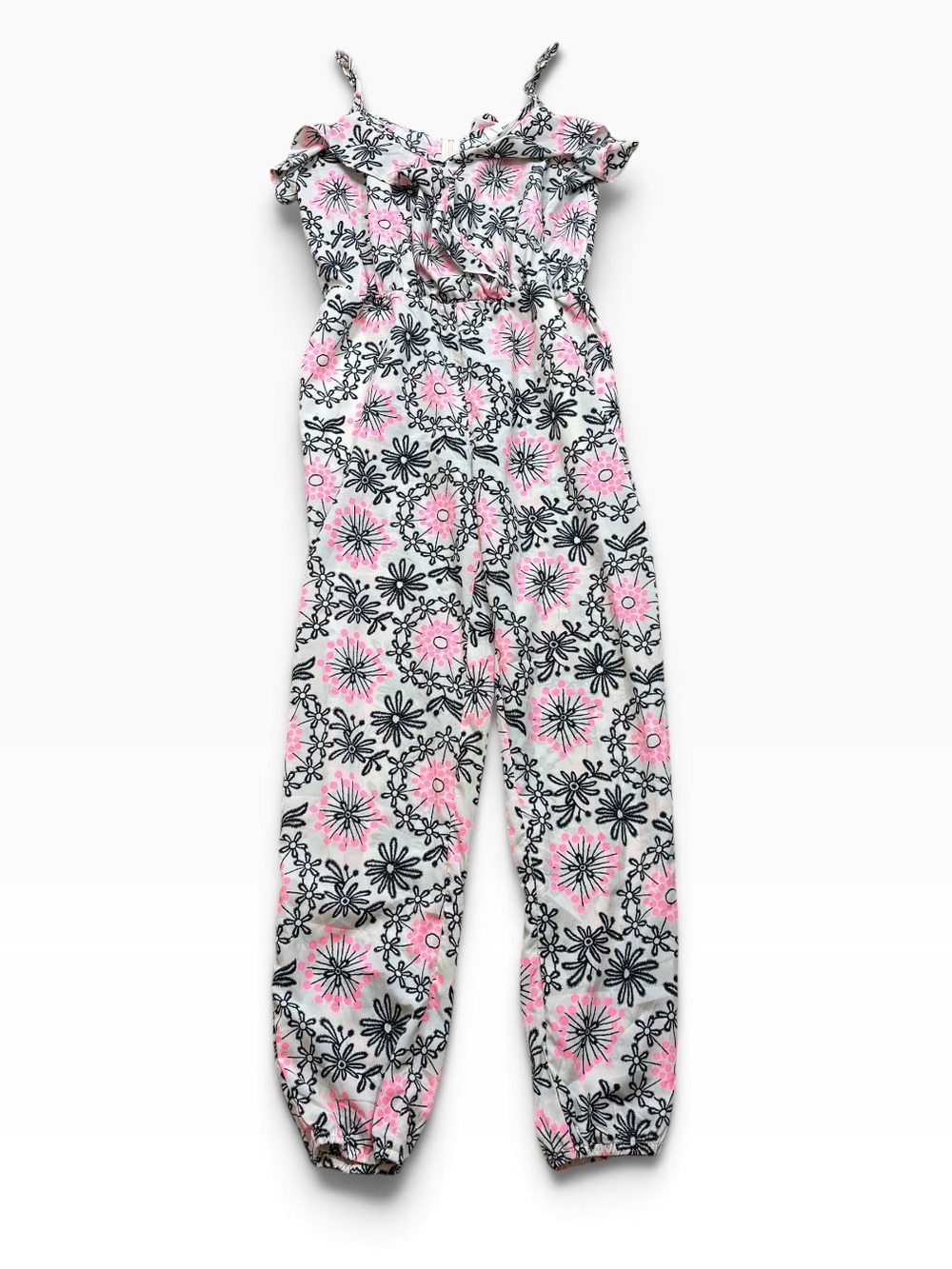 Ladies Sans Souci Ivory and Floral Print Sleeveless Ruffle Top Jumpsuit Medium